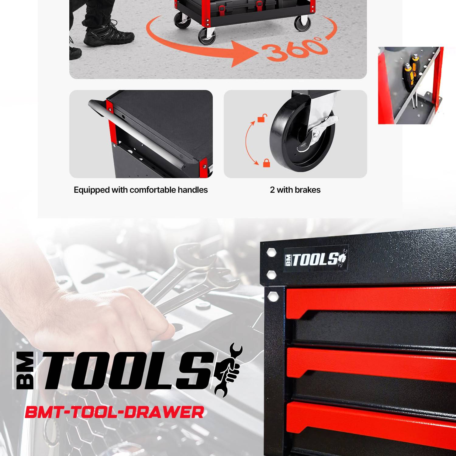 Chariot servante d'Atelier Chariot à Outil BM TOOLS BMT TOOL DRAWER - 3 Tiroirs à glissières - Distributeur sur pieds de papier - Image 2