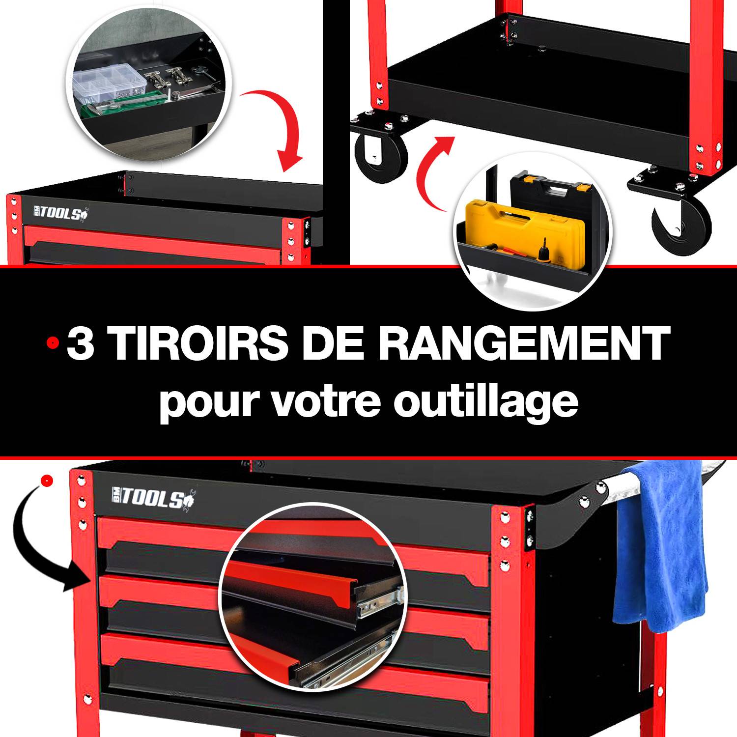 Chariot servante d'Atelier Chariot à Outil BM TOOLS BMT TOOL DRAWER - 3 Tiroirs à glissières - Distributeur sur pieds de papier - Image 3