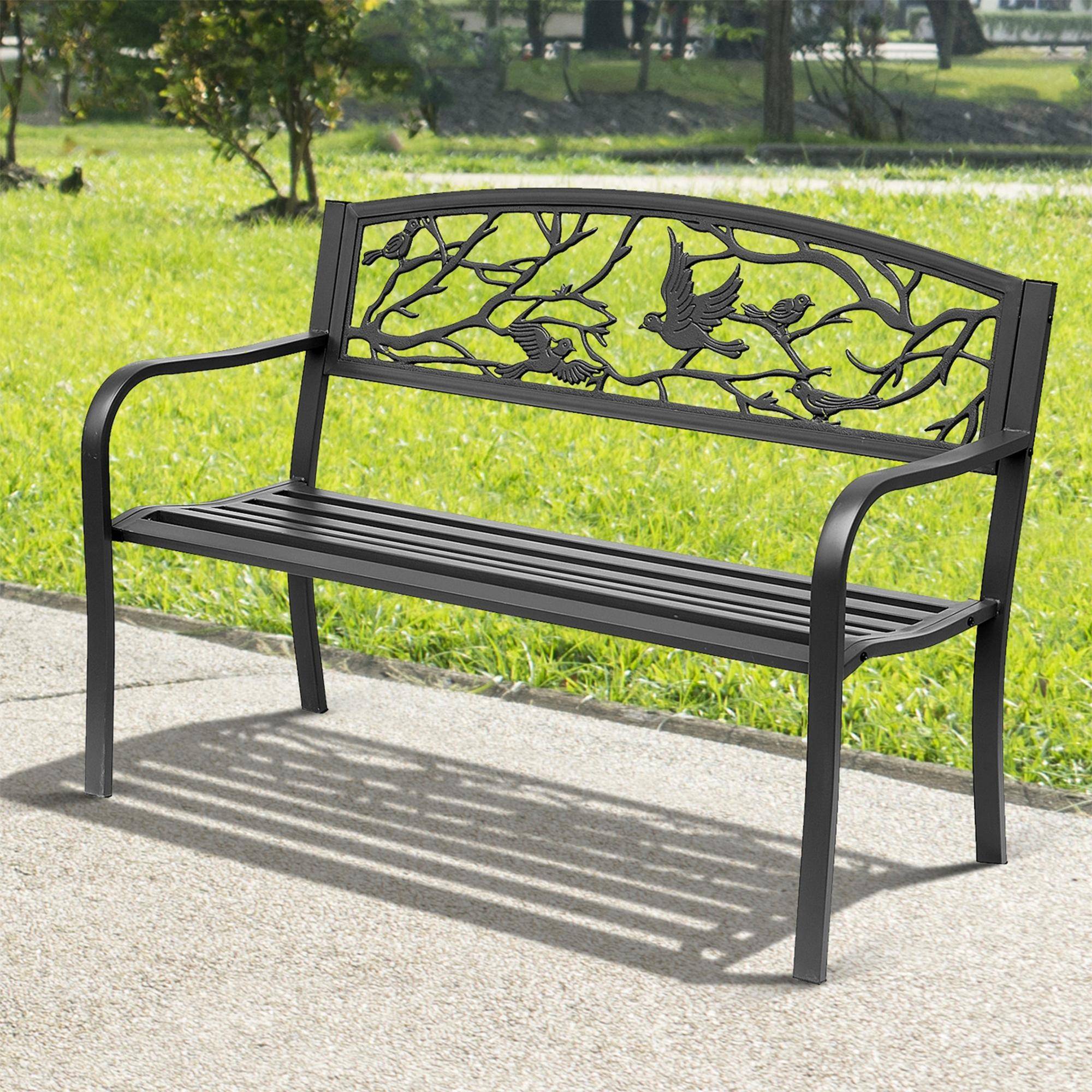 Banc de jardin 3 places style rural chic adapté balcon et patio, cadre métal époxy anticorrosion, 127 x 60 x 85 cm - Image 3