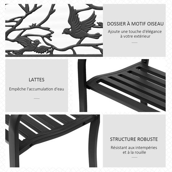 Banc de jardin 3 places style rural chic adapté balcon et patio, cadre métal époxy anticorrosion, 127 x 60 x 85 cm - Image 7