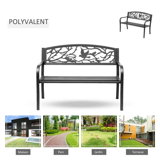 Banc de jardin 3 places style rural chic adapté balcon et patio, cadre métal époxy anticorrosion, 127 x 60 x 85 cm - Image 8
