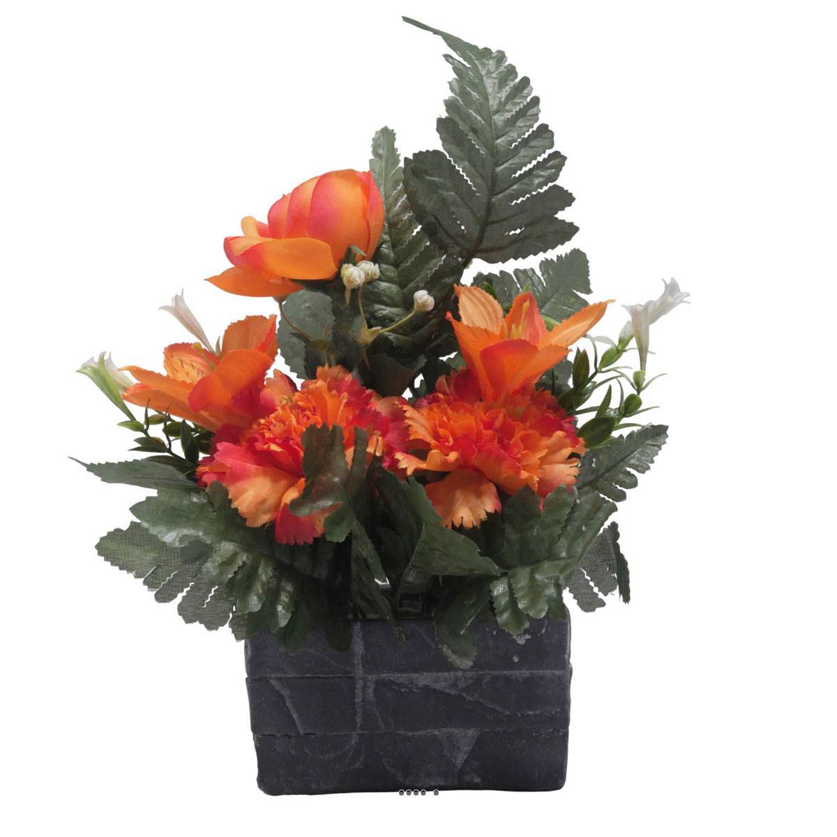 Artificielles - jardinièrre pot beton Renoncule, oeillet, et alstromeria pour la Toussaint Orange - couleur: Orange 660 - Image 2