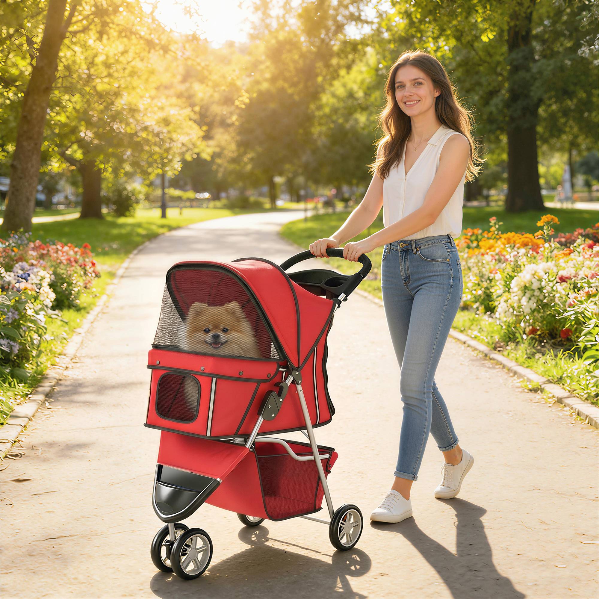 ComfortXL - Poussette chien pliable acier tissu Oxford rouge 77 x 44 cm petit chien roues pivotantes - ComfortXL Outdoor Living - Image 3