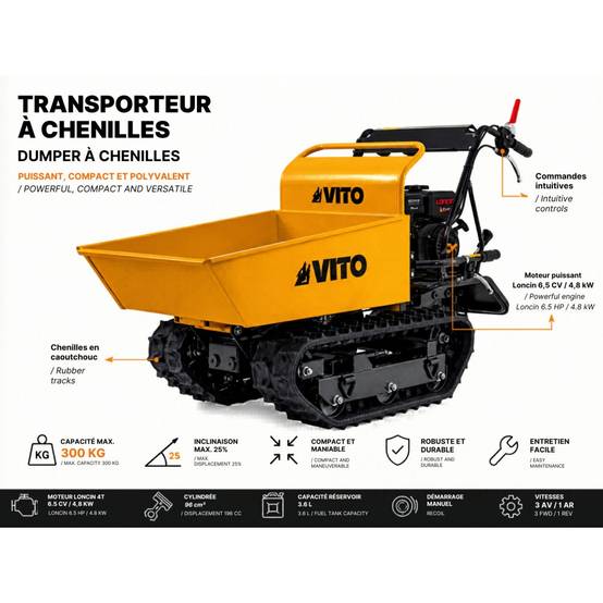Mini Dumper à chenilles Moteur Loncin 196Cm3 Essence 6.5CV - Brouette à chenilles Transport Charge 300kg 4.8KW Chantier VITO - Image 2