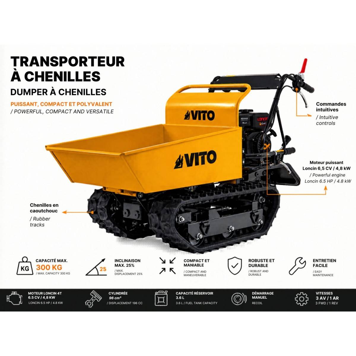 Mini Dumper à chenilles Moteur Loncin 196Cm3 Essence 6.5CV - Brouette à chenilles Transport Charge 300kg 4.8KW Chantier VITO - Image 2