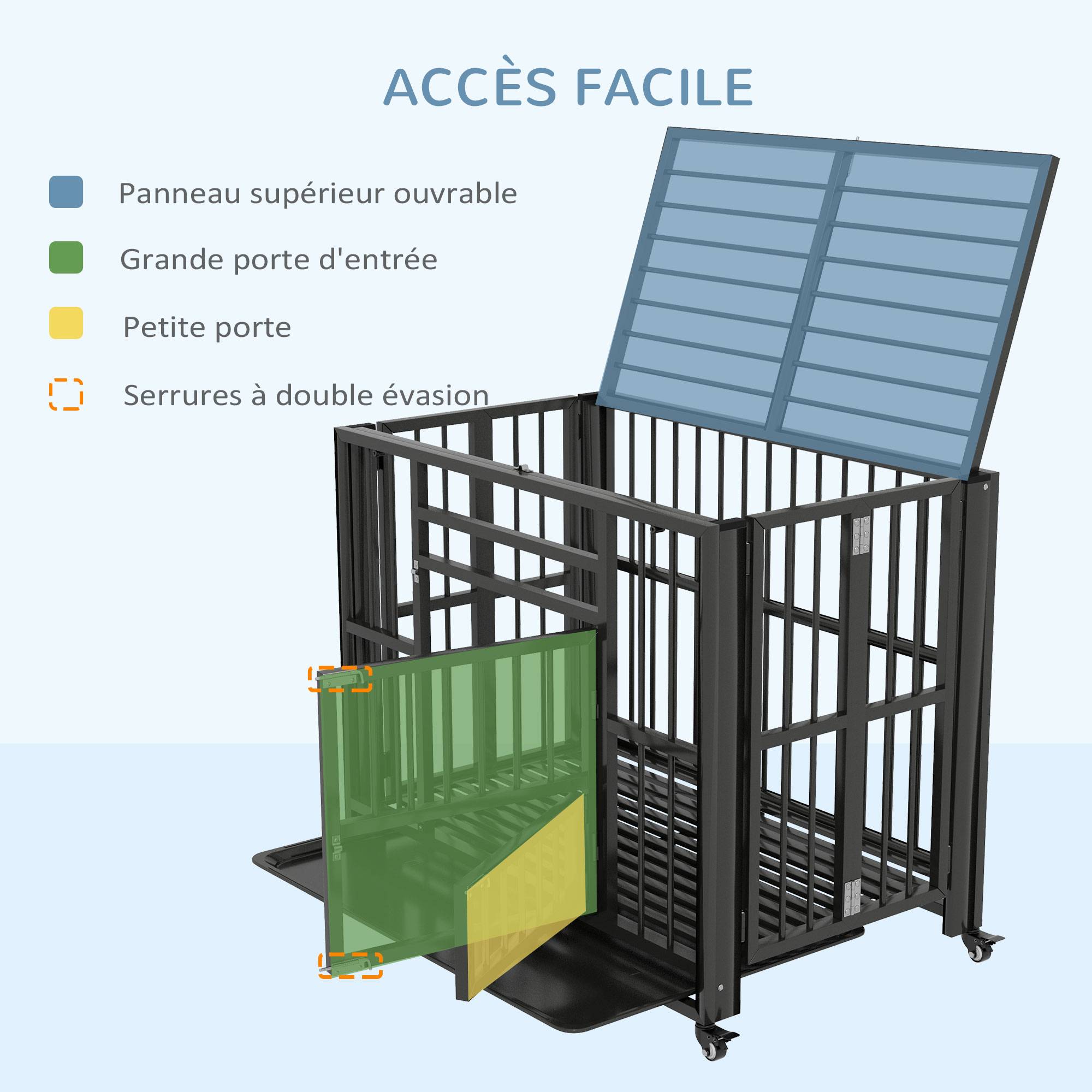 Pawhut - Cage pour chien animaux cage de transport sur roulettes pliable 3 portes verrouillables plateau amovible acier noir - Image 5