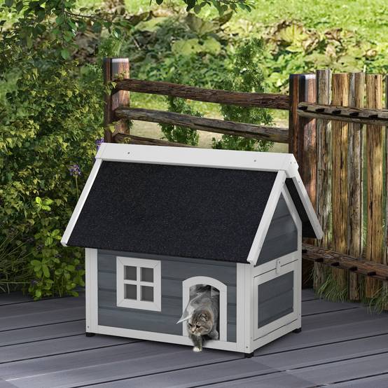 Niche pour Chat d'Extérieur en Bois de Sapin avec Toit Bitumé Ouvrant Abri pour Jardin Gris et Noir - ComfortXL Outdoor Living - Image 3