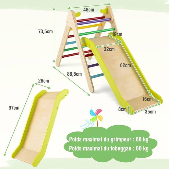 2 en 1 Triangle d'escalade Enfant avec Toboggan(avec Toboggan, Multicolore) - Image 4