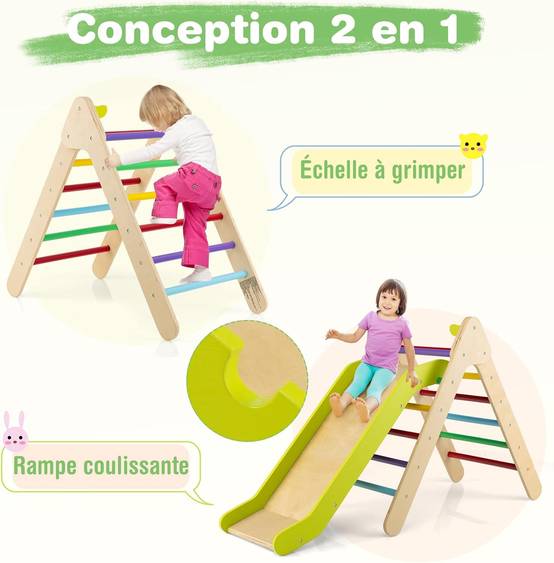 2 en 1 Triangle d'escalade Enfant avec Toboggan(avec Toboggan, Multicolore) - Image 1