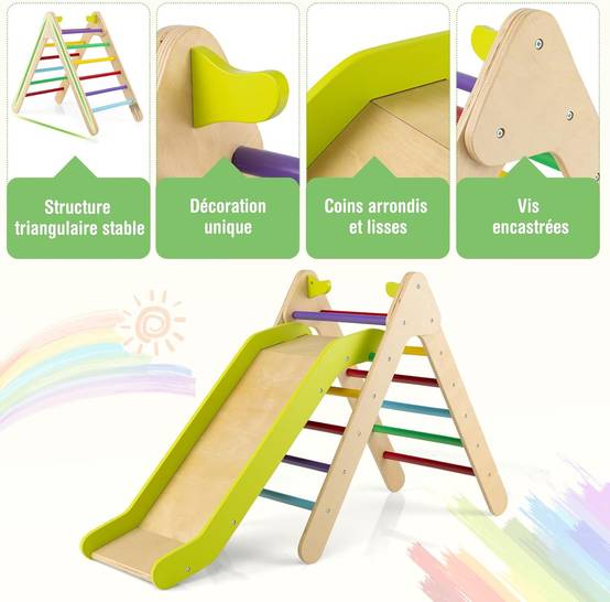 2 en 1 Triangle d'escalade Enfant avec Toboggan(avec Toboggan, Multicolore) - Image 3