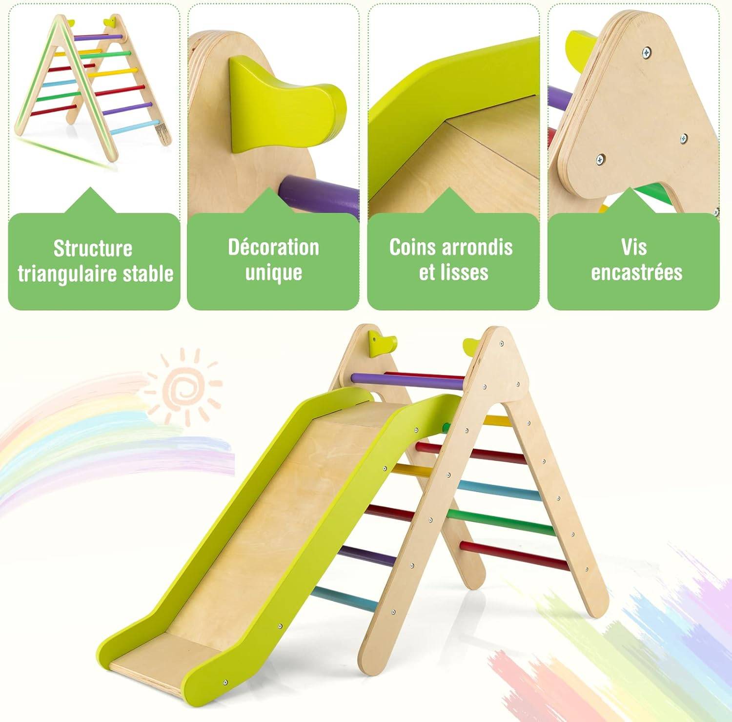 2 en 1 Triangle d'escalade Enfant avec Toboggan(avec Toboggan, Multicolore) - Image 3