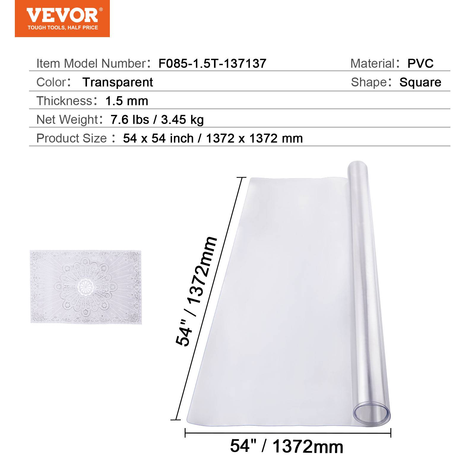 Vevor - VEVOR Nappe PVC transparente, 54x54", 1.5mm, carrée, résistant eau, bureau, salle à manger. - Image 7