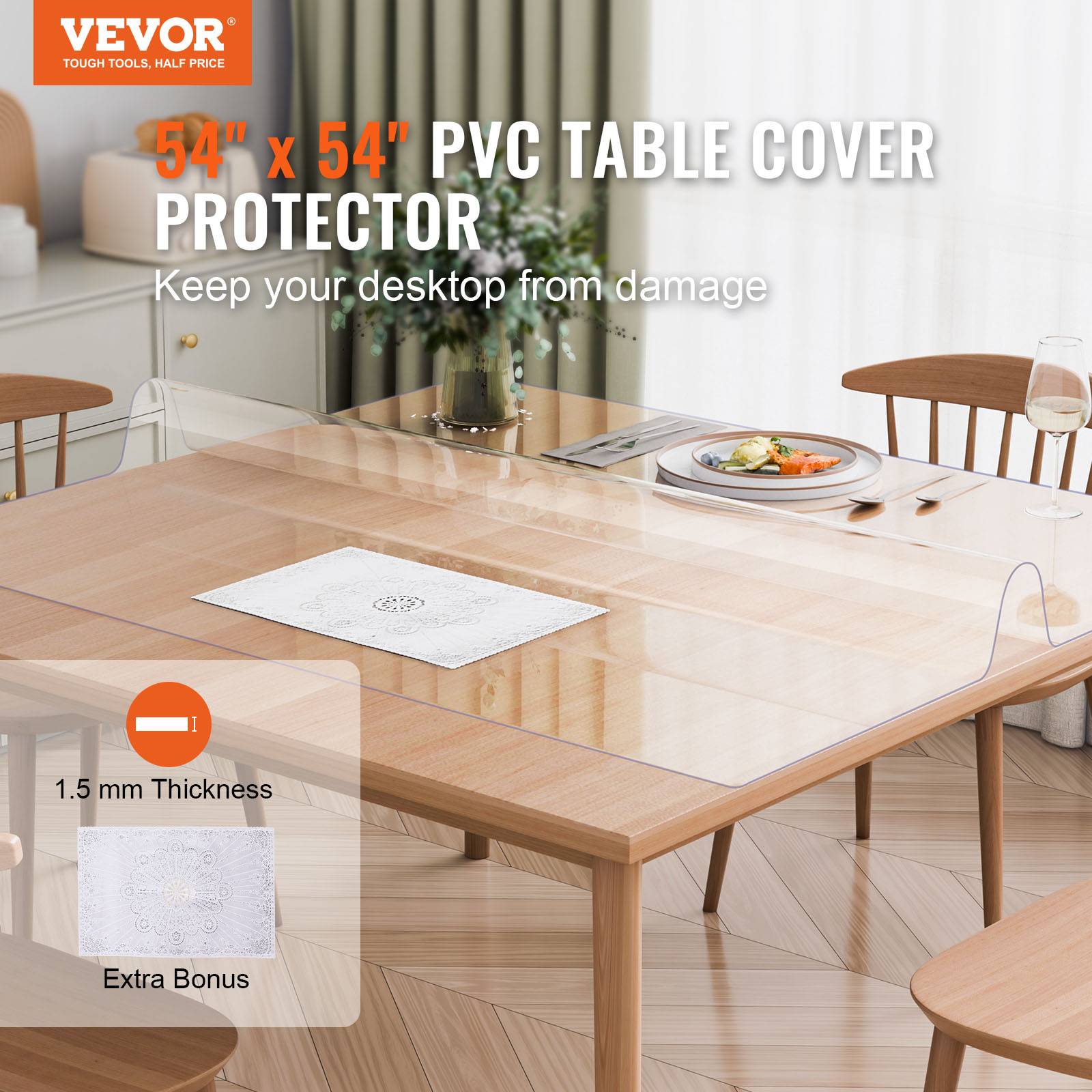 Vevor - VEVOR Nappe PVC transparente, 54x54", 1.5mm, carrée, résistant eau, bureau, salle à manger. - Image 2
