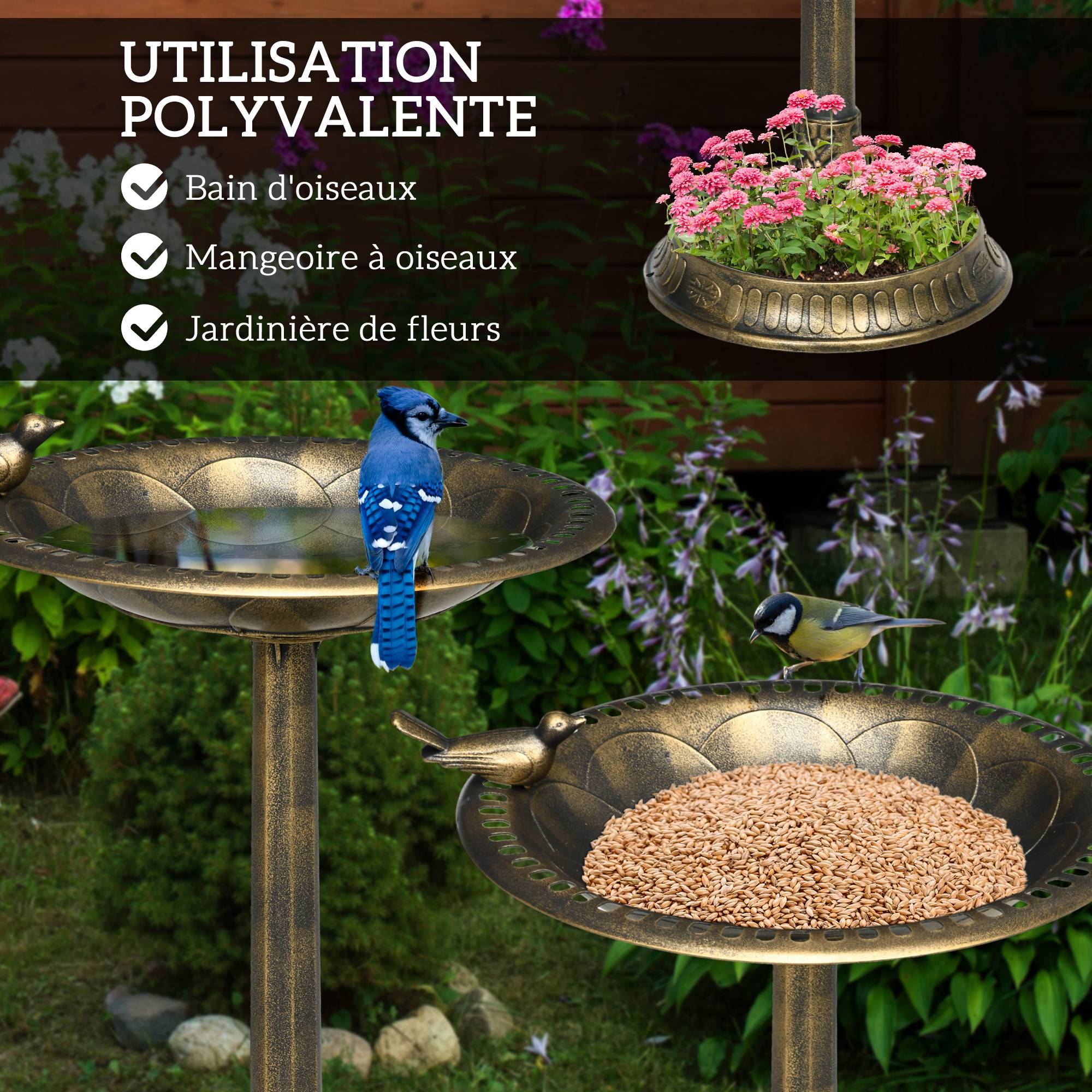 ComfortXL - Bain d’oiseaux polypropylène Ø 50 x H 72 cm bronze jardin jardinière abreuvoir 2-en-1 - ComfortXL Outdoor Living - Image 5