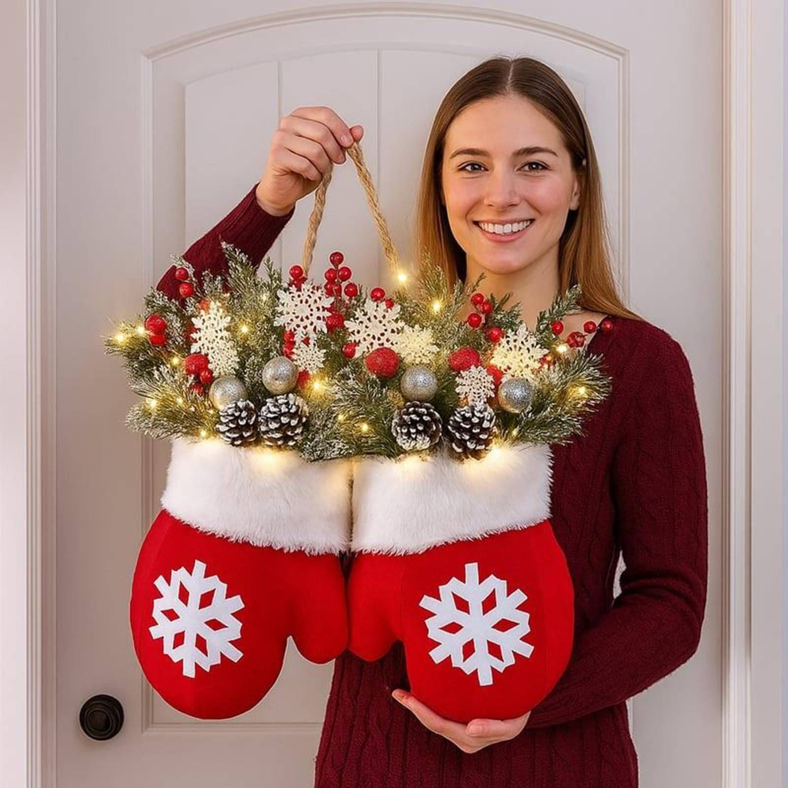 Couronne de Noël printanière, avec 20 LED, branches de pin artificielles, baies rouges, pommes de pin, couronnes décoratives pour les fêtes - Image 6
