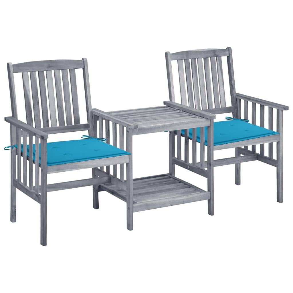 ComfortXL - Salon de Jardin 2 Personnes en Bois d'Acacia Gris, Banc Double avec Table et Coussins Bleus Inclus – ComfortXL Outdoor Living - Image 1