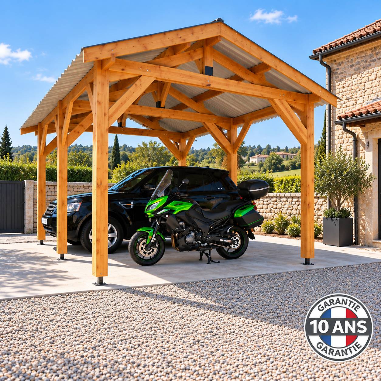 Cpbf Charpentes - Carport bois 2 pentes en bois douglas 27 m², 6 poteaux. Abri voiture extérieur. garantie 10 ans - Image 6