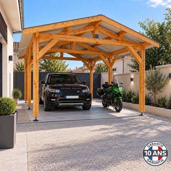 Cpbf Charpentes - Carport bois 2 pentes en bois douglas 27 m², 6 poteaux. Abri voiture extérieur. garantie 10 ans - Image 1