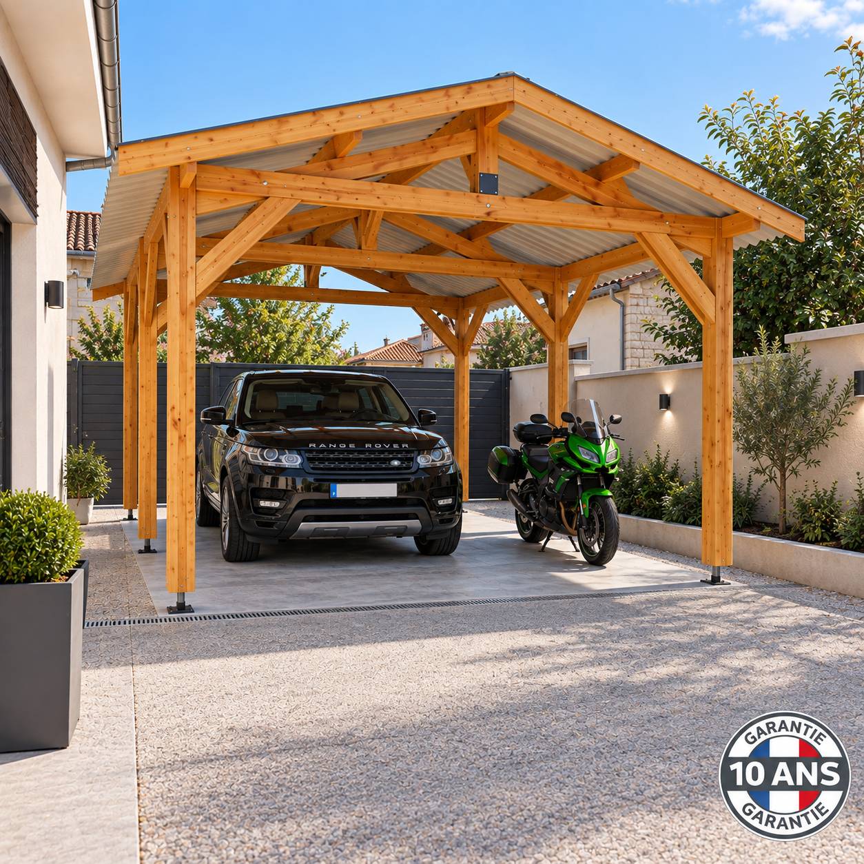 Cpbf Charpentes - Carport bois 2 pentes en bois douglas 27 m², 6 poteaux. Abri voiture extérieur. garantie 10 ans