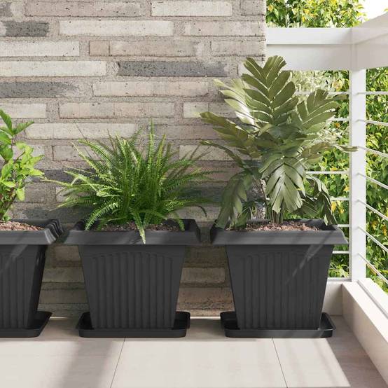 Lot de 6 Pots de Fleurs Carrés Plastique pour Terrasse Jardin Drainage 38x38x30 cm Noir - ComfortXL Outdoor Living - Image 1