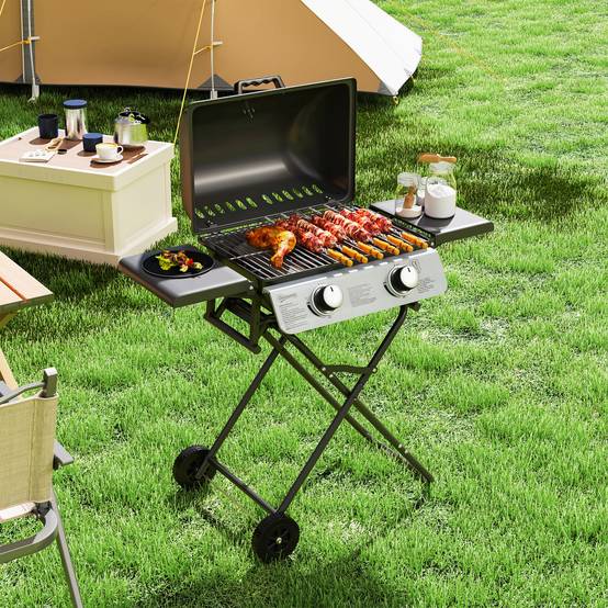 Barbecue à gaz portable avec 2 brûleurs, 2 tablettes latérales, couvercle avec thermomètre et roulettes, noir - Image 10