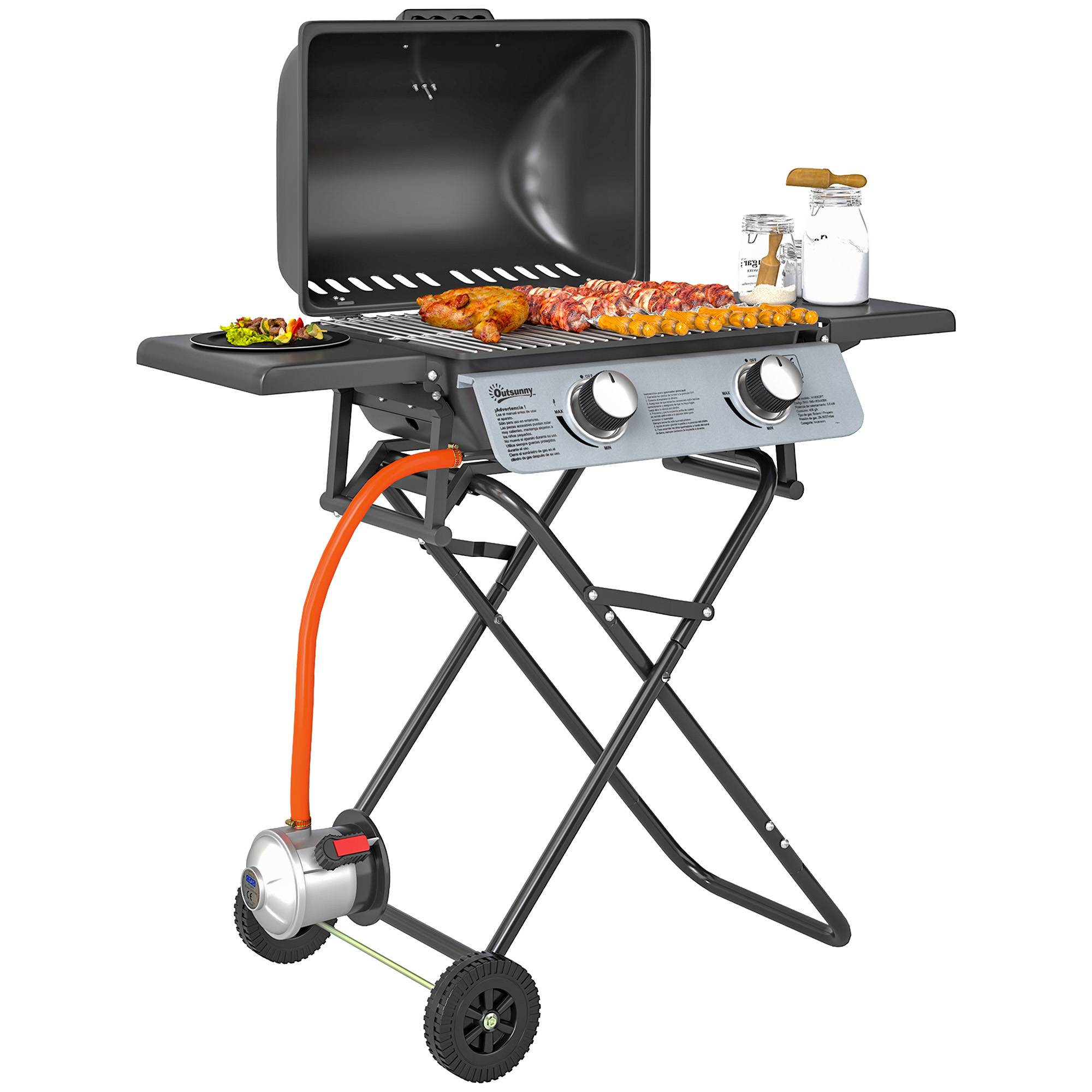 Barbecue à gaz portable avec 2 brûleurs, 2 tablettes latérales, couvercle avec thermomètre et roulettes, noir - Image 1