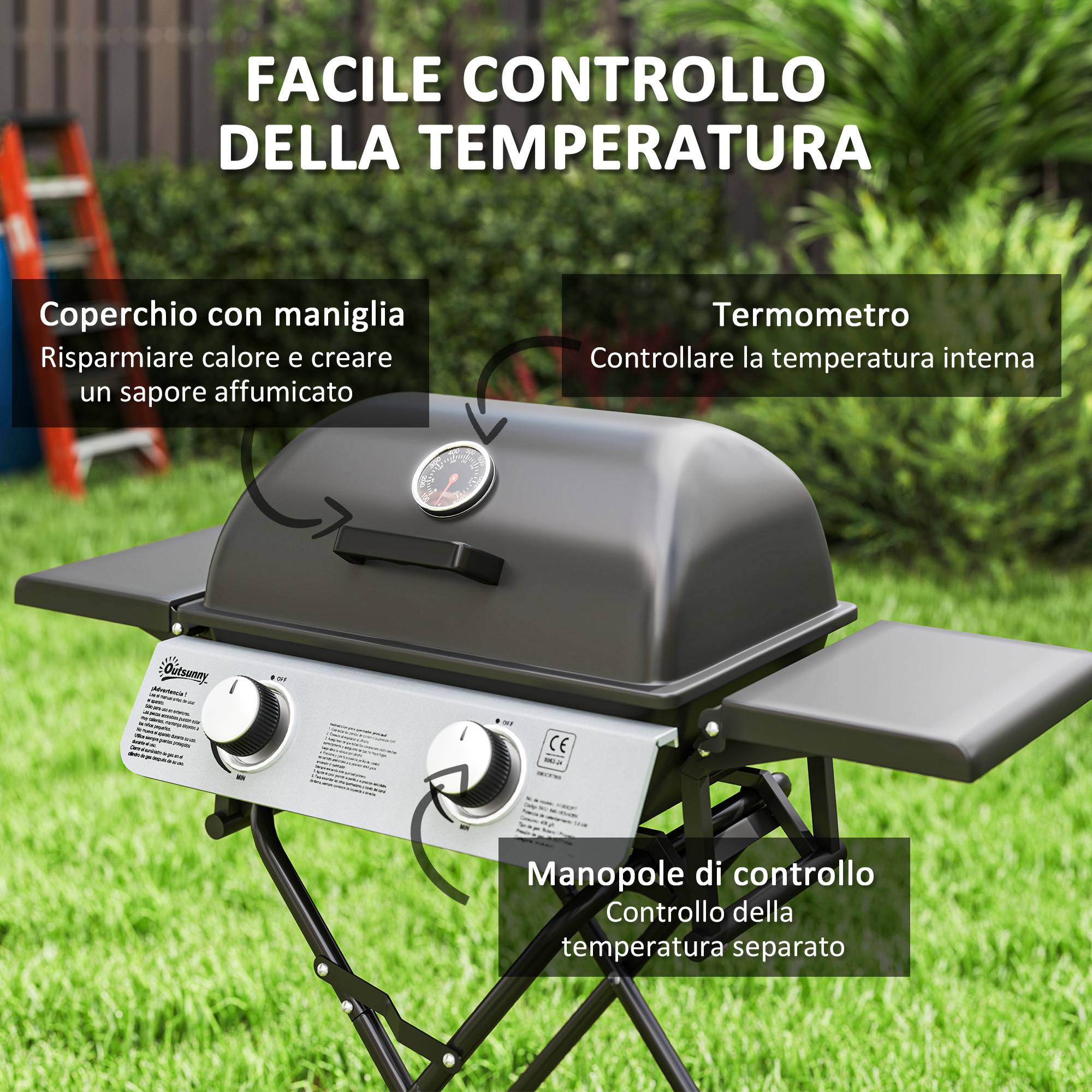 Barbecue à gaz portable avec 2 brûleurs, 2 tablettes latérales, couvercle avec thermomètre et roulettes, noir - Image 8