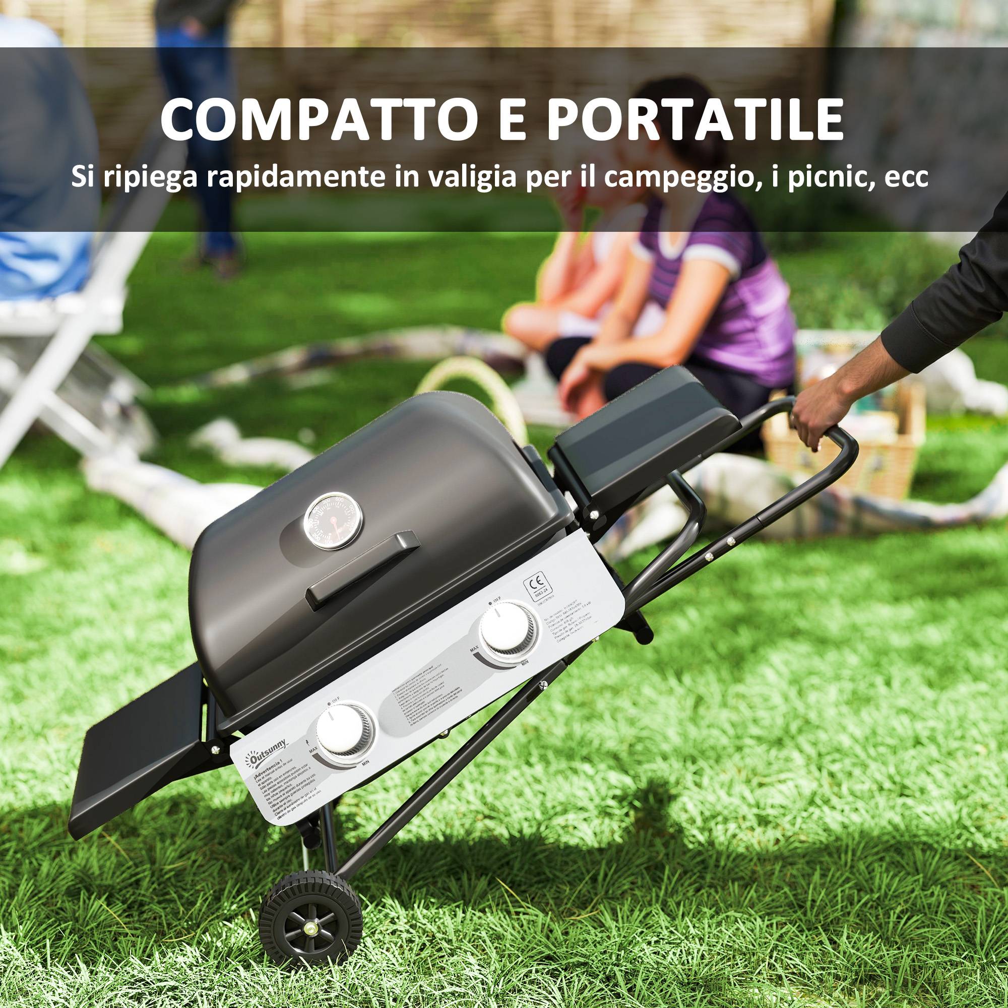Barbecue à gaz portable avec 2 brûleurs, 2 tablettes latérales, couvercle avec thermomètre et roulettes, noir - Image 6