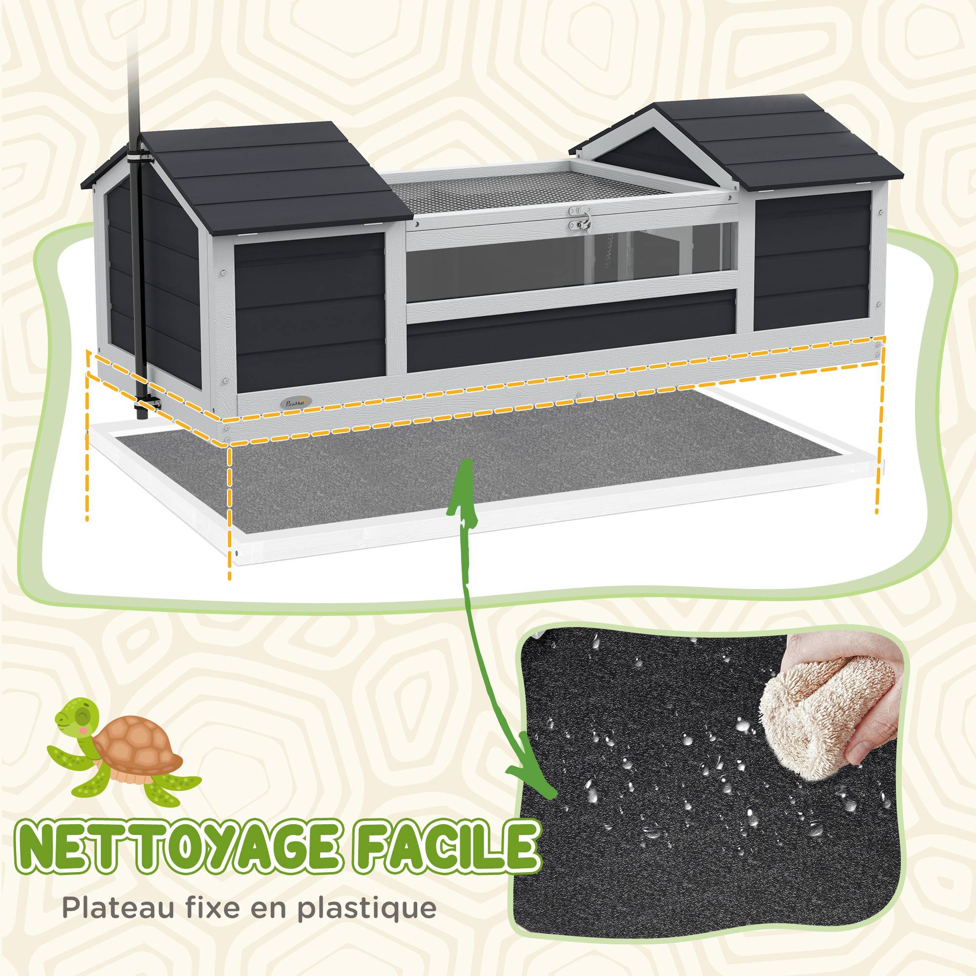 Maison tortue terrestre extérieure enclos tortue 2 niches support de lampe réglable bois massif 120 x 56,5 x 43 cm gris - Image 8