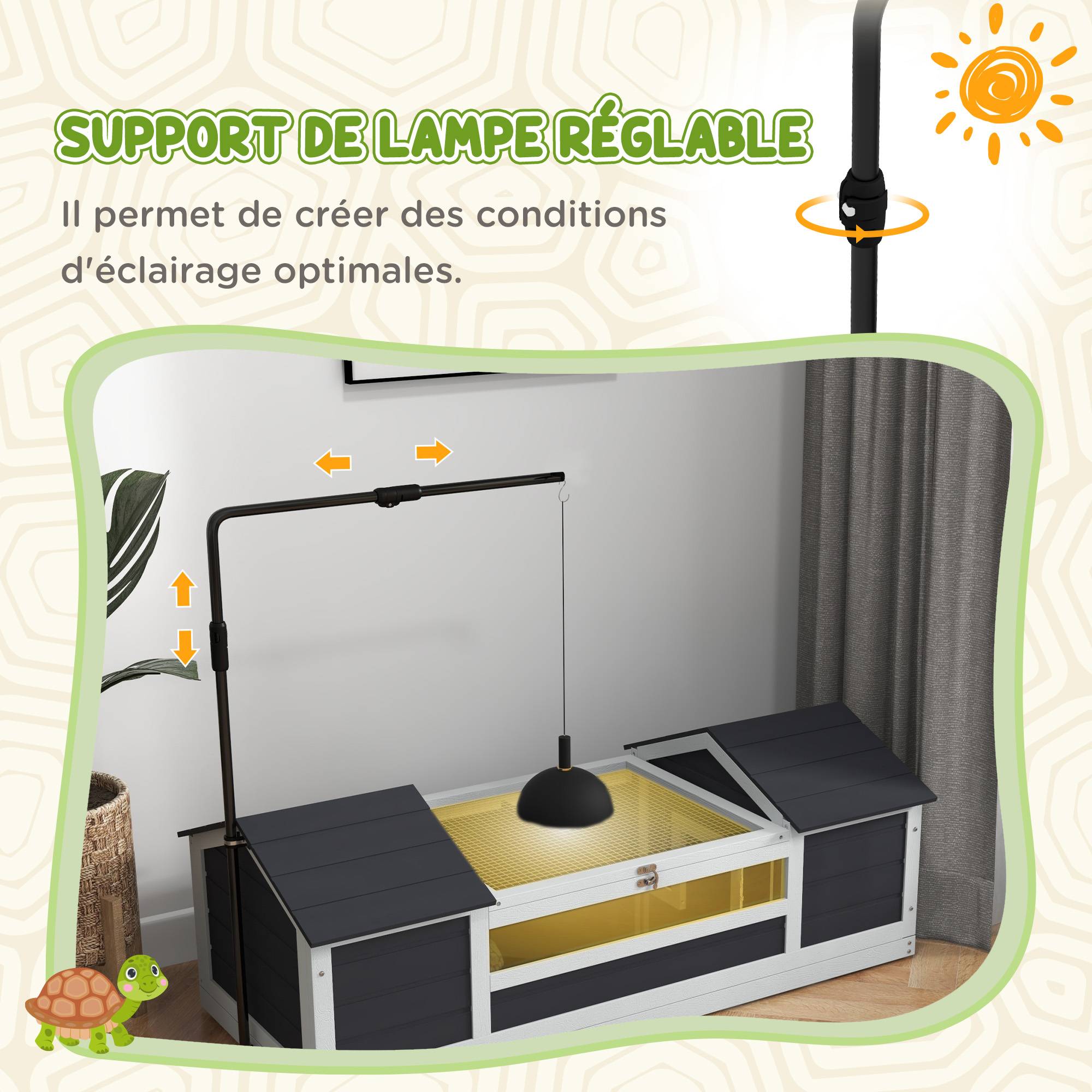 Maison tortue terrestre extérieure enclos tortue 2 niches support de lampe réglable bois massif 120 x 56,5 x 43 cm gris - Image 7