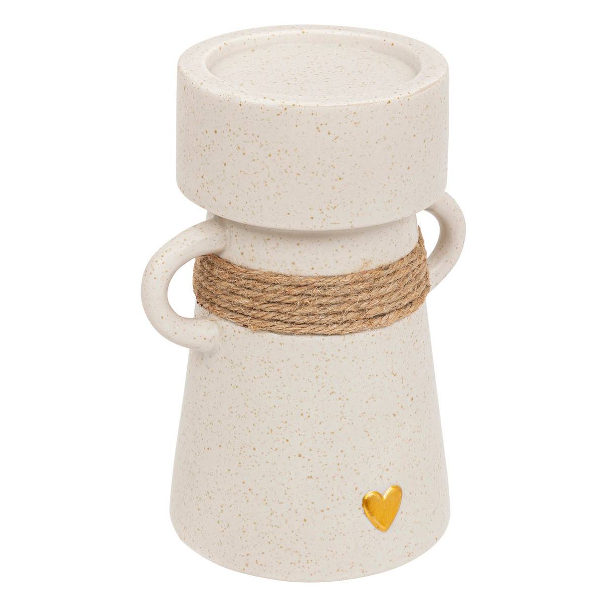 Bougeoir Chandelier Blanc en céramique sablée avec Coeur doré et corde en Jute H 18 cm - Image 1