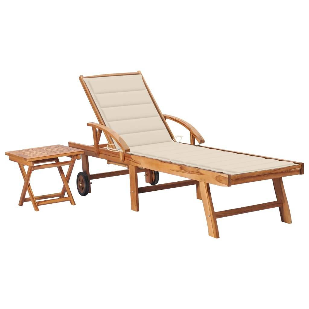 Chaise longue | Transat | Bain de soleil avec table et coussin Bois de teck solide - Image 2