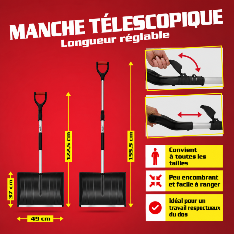 BB Loisir - Pelle à neige 49cm Manche télescopique 122,5 à 155,5cm Bord métallique déneigement - Image 4