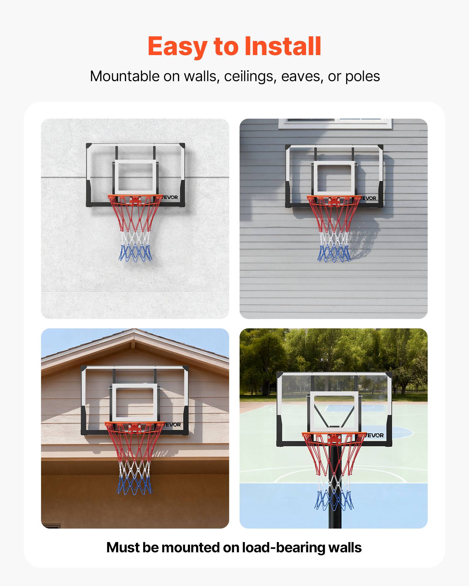 Vevor - VEVOR Panier de basket mural 110 cm, panneau PC 2 mm, cadre acier renforcé, filet nylon résistant, installation murale pour intérieur et extérieur. - Image 5
