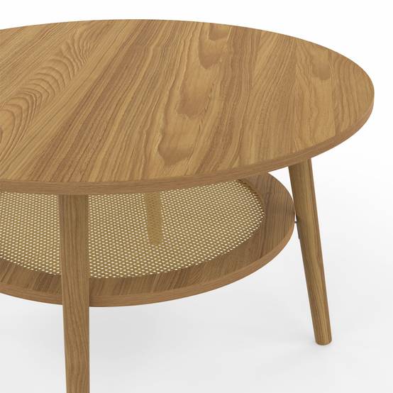 Table basse ronde HANAE 70 cm bois façon hêtre et plateau effet naturel cannage - Image 5