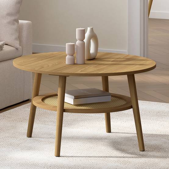 Table basse ronde HANAE 70 cm bois façon hêtre et plateau effet naturel cannage - Image 1