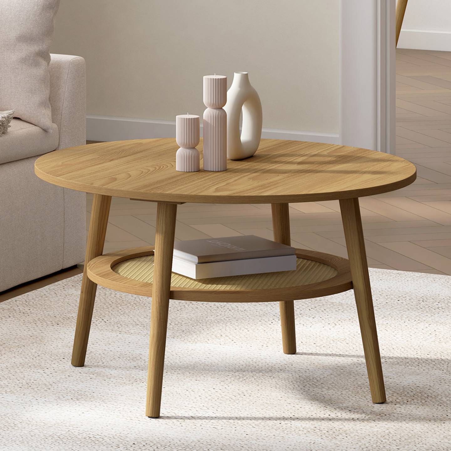 Table basse ronde HANAE 70 cm bois façon hêtre et plateau effet naturel cannage - Image 1