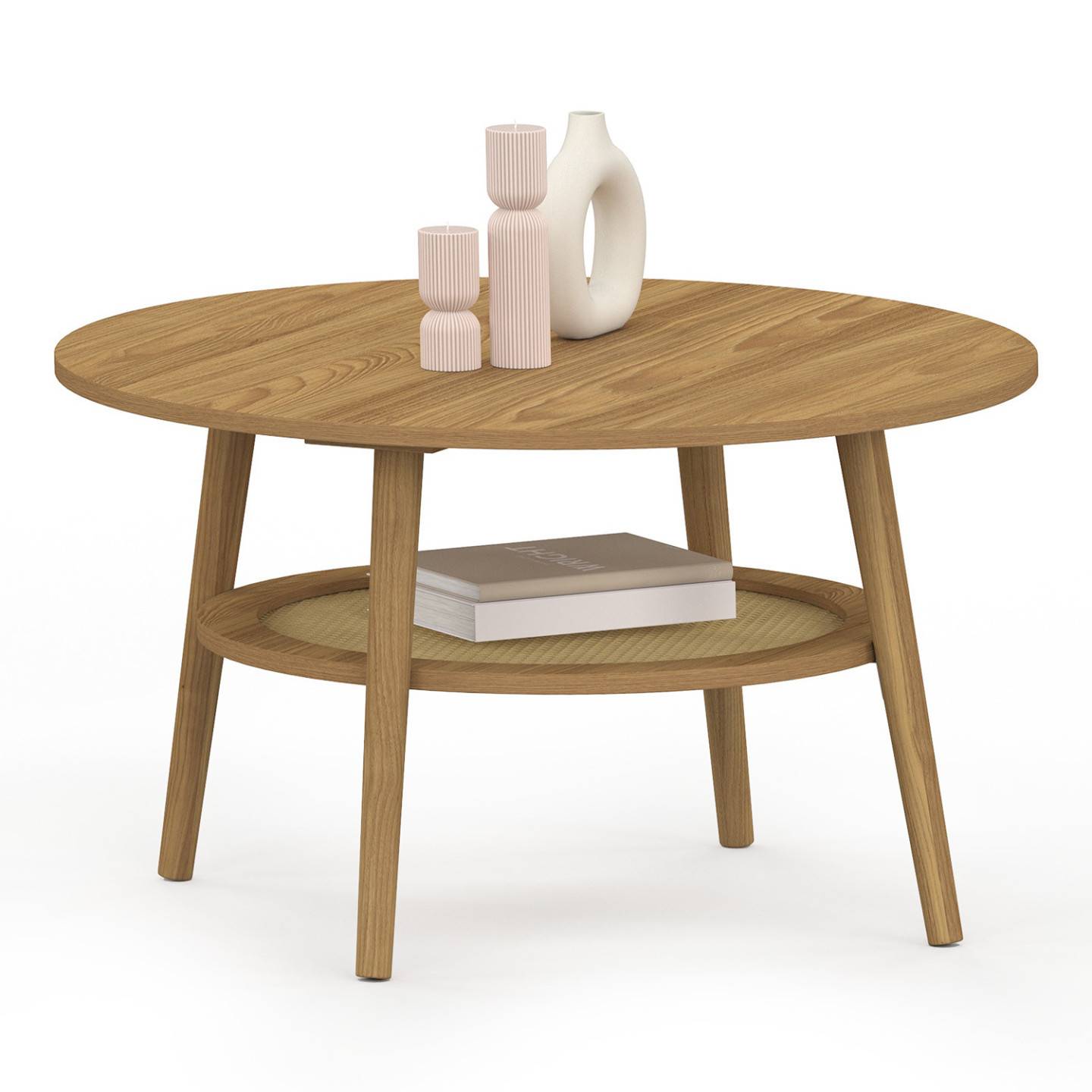 Table basse ronde HANAE 70 cm bois façon hêtre et plateau effet naturel cannage - Image 2