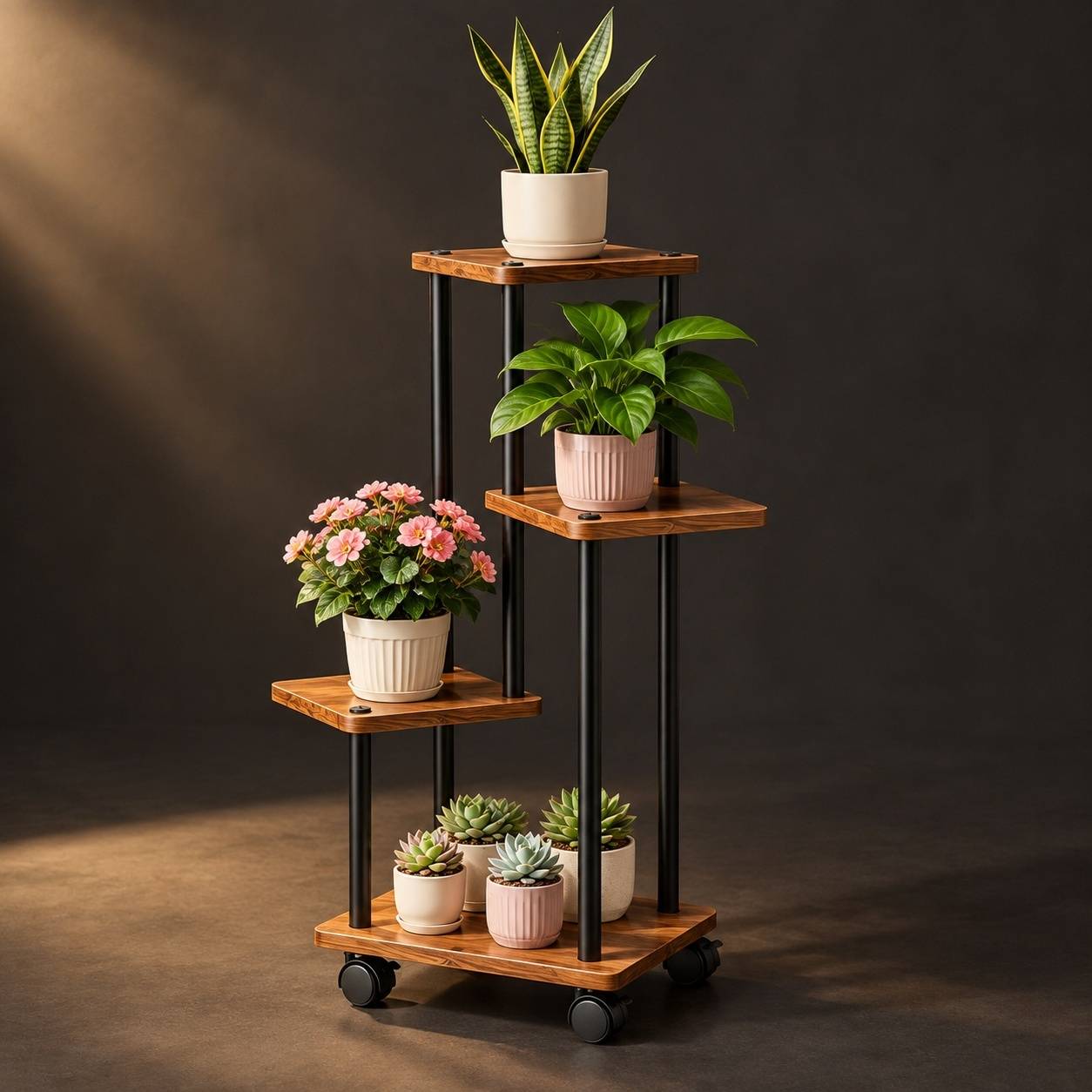 Support Plante 4 Niveaux Métal Bois Roues Pivotantes Espace Vertical Polyvalent Salon Balcon - Image 6