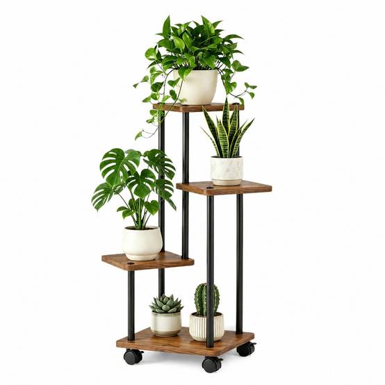 Support Plante 4 Niveaux Métal Bois Roues Pivotantes Espace Vertical Polyvalent Salon Balcon - Image 1