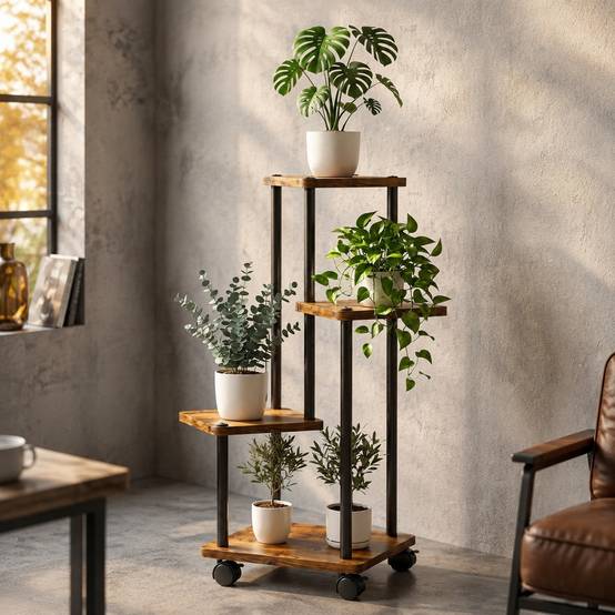 Support Plante 4 Niveaux Métal Bois Roues Pivotantes Espace Vertical Polyvalent Salon Balcon - Image 5