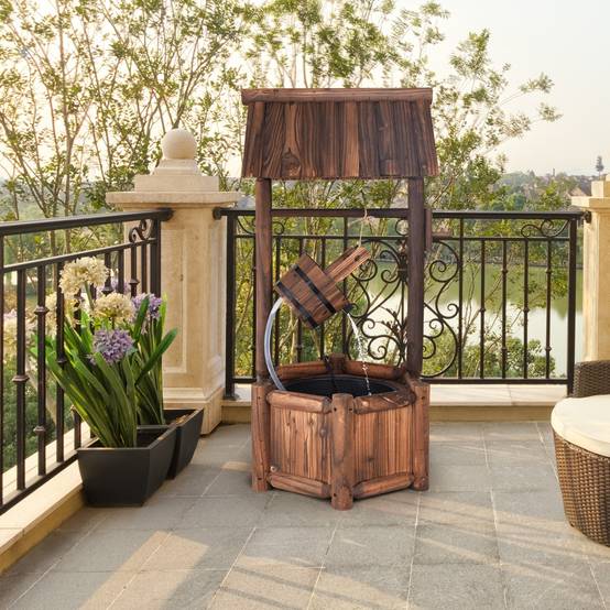 Puits en Bois Extérieur Fontaine de Jardin 60x57x115 cm avec Pompe Electrique Débit 300 L/h Tuyau Transparent Seau Suspendu - Image 2