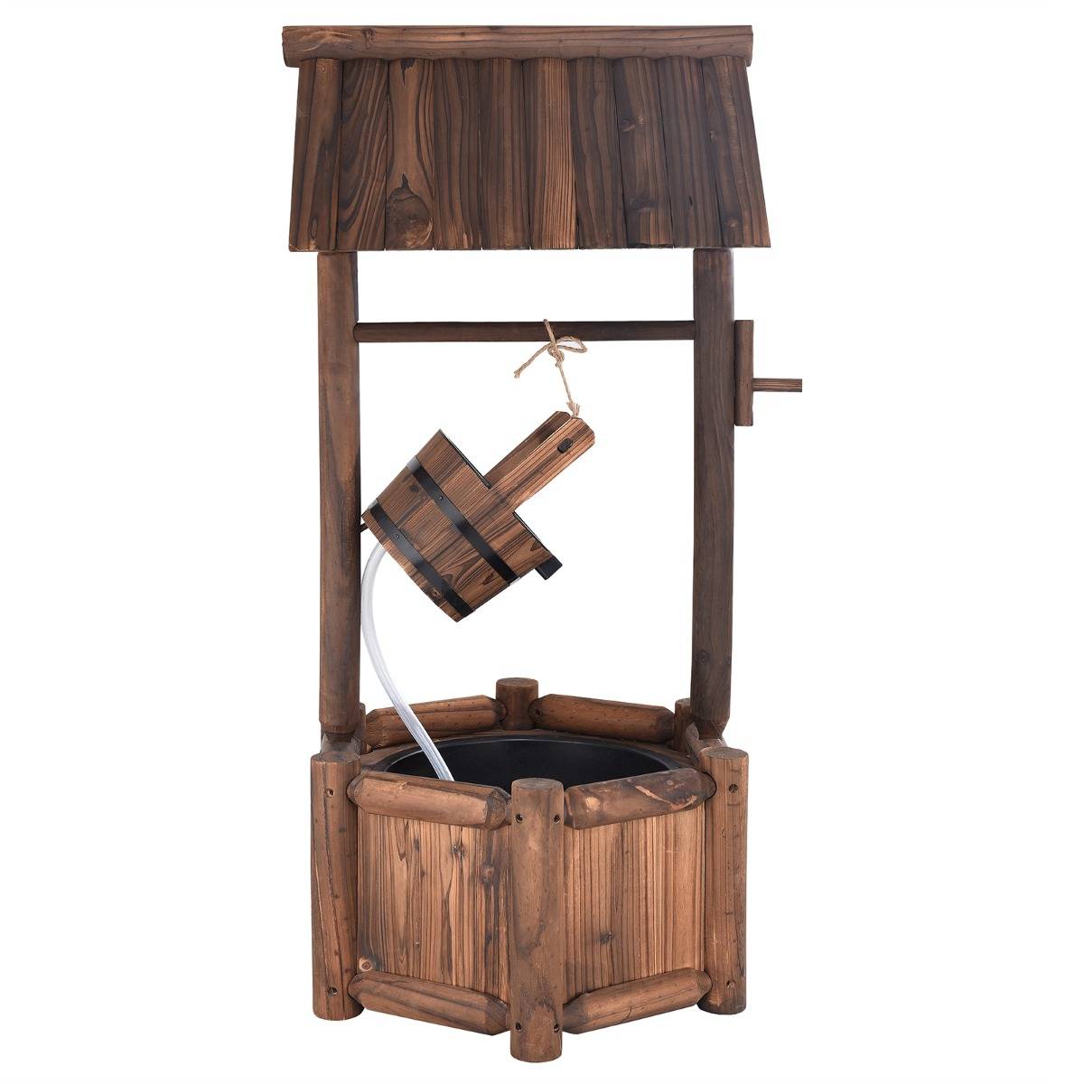 Puits en Bois Extérieur Fontaine de Jardin 60x57x115 cm avec Pompe Electrique Débit 300 L/h Tuyau Transparent Seau Suspendu - Image 6
