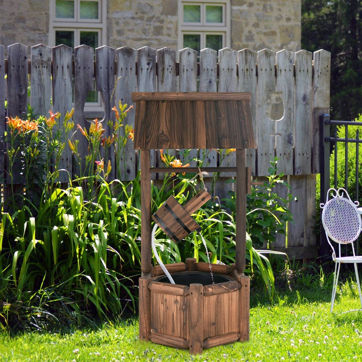 Puits en Bois Extérieur Fontaine de Jardin 60x57x115 cm avec Pompe Electrique Débit 300 L/h Tuyau Transparent Seau Suspendu - Image 4