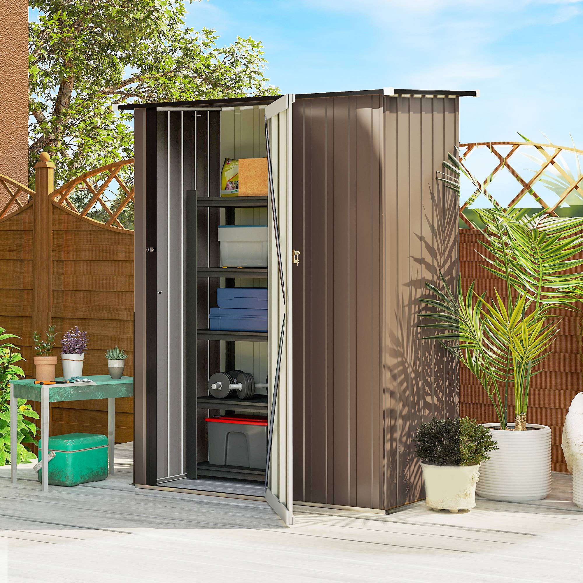 Abri de jardin acier 1,07 m² 142x86x189 cm toit pente porte verrouillable marron, cabane outils jardin - Image 3