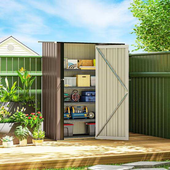 Abri de jardin acier 1,07 m² 142x86x189 cm toit pente porte verrouillable marron, cabane outils jardin - Image 4