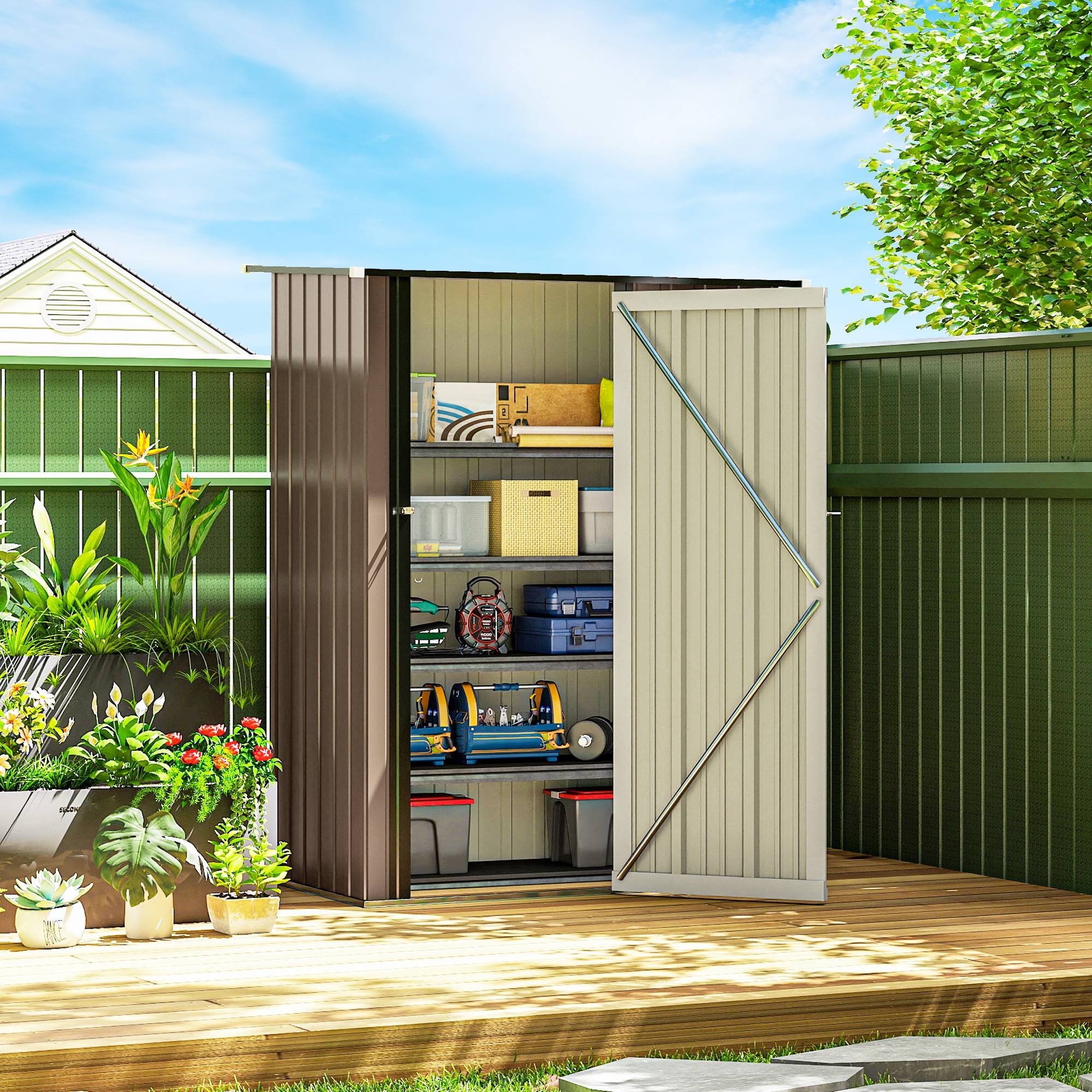 Abri de jardin acier 1,07 m² 142x86x189 cm toit pente porte verrouillable marron, cabane outils jardin - Image 4