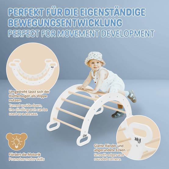 Arche d'escalade pour enfants en bois naturel/blanc multifonctionnel avec poignées convient aux plus de 2 ans encourage la motricité et le mouvement - Image 3