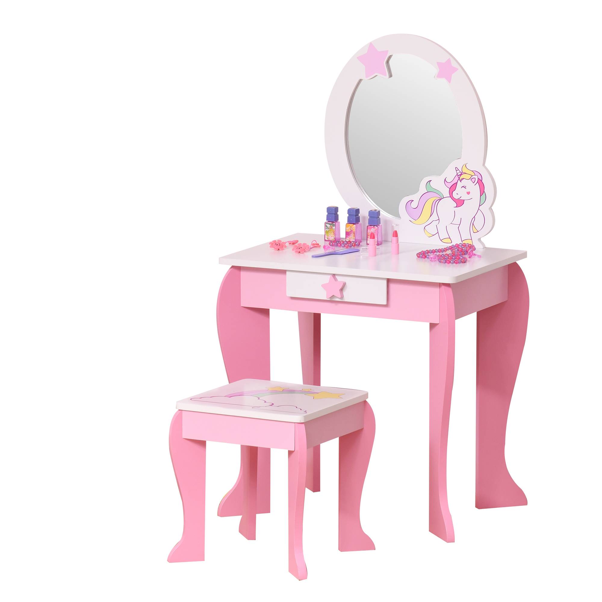 Sans Marque - Coiffeuse Enfant Design Licorne - Tabouret Inclus - dim. 49L x 34l x 90H cm - tirair, Miroir - MDF - Rose Blanc - Image 2