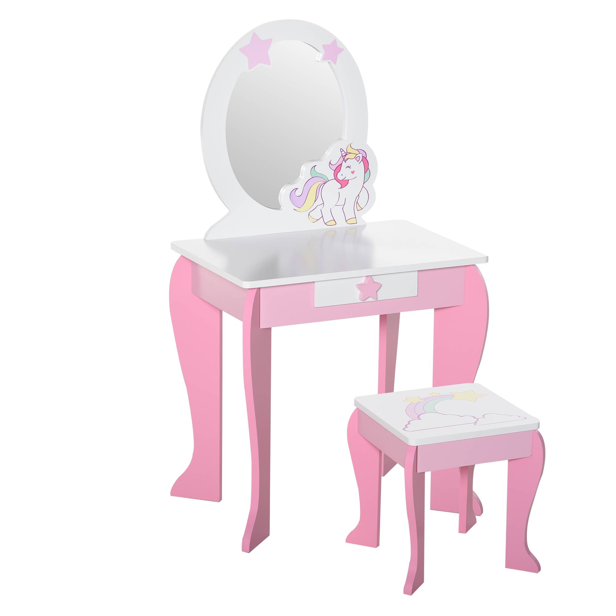 Sans Marque - Coiffeuse Enfant Design Licorne - Tabouret Inclus - dim. 49L x 34l x 90H cm - tirair, Miroir - MDF - Rose Blanc - Image 1